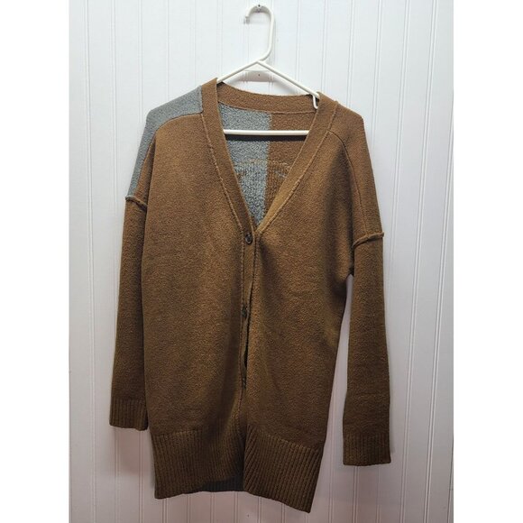 Two-Tone Brown & Gray Skull Graphic Cardigan Sweater Button Front Long Sleeve Ov - Picture 10 of 14